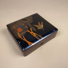 Vintage Japanese Lacquer Box Hand Painted Bird Tree Scene Black Gold Design