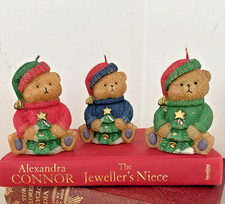 3 x Christmas Teddy Bears with tree Pillar Candle Ornamental decoration gift