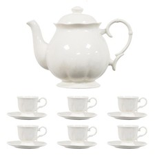 14PC Porcelain White Tea Set: Teapot with Lid, 6 Tea Cups & 6 Saucers.