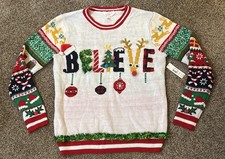 NWT Ugly Holiday Christmas Sweater “Believe” Tinsil Bells Pompon Party