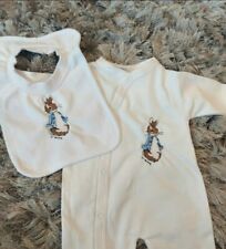 New 0/3m baby sleepsuit bib grow peter rabbit hospital Spanish romany embroidery