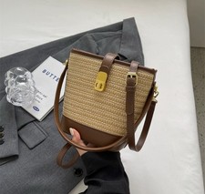 Beige & Brown Woven Crossbody Bag Designer-Inspired Gold Buckle Detail Women's