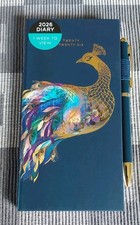 Slimline 9cm X 17cm 2026 Diary & Pen Week To View. Peacock Design Hardcover. New