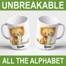 KIDS PERSONALISED UNBREAKABLE MUG Cup Child Name and Alphabet Letter Animals