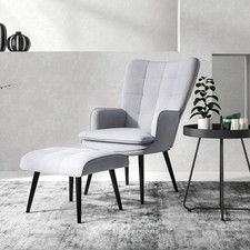 Armchair with Footstool, Linen Accent Chair with Steel Legs, Light Grey