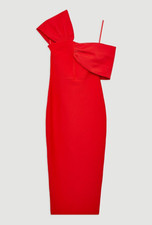 KAREN MILLEN FIGURE FORM BANDAGE ASYMMETRIC STRAP KNIT MIDI DRESS IN RED SIZE L