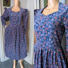Vintage Laura Ashley Floral Blue Needlecord Cord Tea Prairie Dress 10 12 38