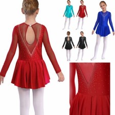 UK Girls Figure Ice Skating Competition Costume Long Sleeve Mesh Patchwork Dress