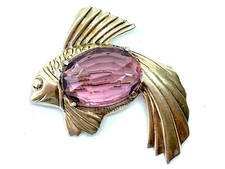 Large Vintage Sterling Silver Gilt Purple Paste Jelly Belly Fish Brooch 22.3 g