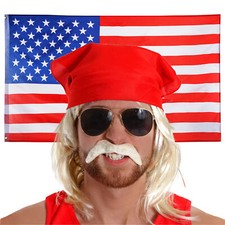 1980'S WRESTLER ACCESSORY SET HOGAN WIG, MOUSTACHE BANDANA FLAG FANCY DRESS