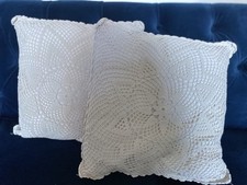 VINTAGE Set of 2 Cream Cotton Crochet Knit Lace Filled Cushion Covers 13.5X13.5"