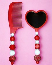 Red Beaded Comb Mirror Set |