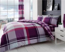 Check duvet set purple pink tartan bedding quilt cover pillow cases CLEARANCE