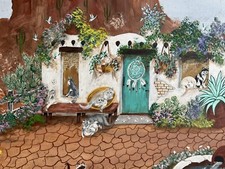 American ? - Folk Art Painting Signed Dott - 1960’s - Cats In dwelling - Kitsch