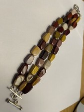 Vintage Chinese WK Silver Polished Tri Row Stones T Bar Toggle Art Bracelet 47g