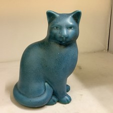 Vintage Handmade Moorside Pottery Blue/Green Cat Figurine, “Lancelot” 7 Ins Tall
