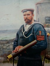 Edwardian coastguard with telescope  paperclip mark at top   RNLI NAVY NAVAL 