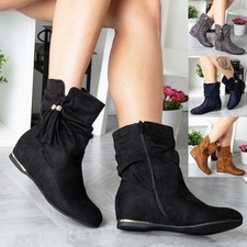 Ankle Boots Wedge Ladies Womens Pixie Zip Tassle Hidden Casual Faux Suede Shoes