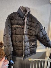 Mens Reversible Down Impact Puffer Jacket Sixe Xl NWOT Black Grey Hidden Hood