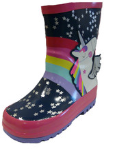 Girls Unicorn and Rainbow Rubber Wellies Blue and Multicoloured Wellington Boots
