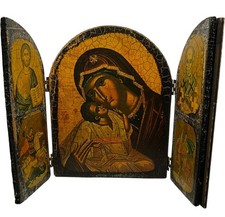 Religious Greek Triptych Icon Painted Art Wood Icon Christianity Mary