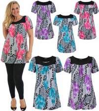 Women Ladies Plus Size Short Sleeves Scoop Neckline Floral Print Smock Tunic Top