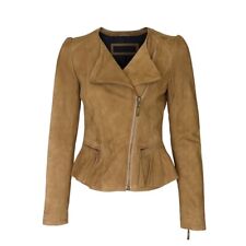 Women Ladies Brown Genuine Real Suede Leather Peplum Frill Short Biker Jacket