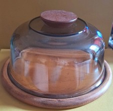 Arcoroc Vintage Teakwood Cheese Server + Smoked Glass Dome MCM