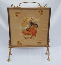 Antique WAS Benson Art Nouveau Brass Fire Screen Zodiac Goddess Embroidery