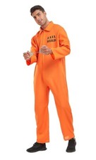 Adults Jail Bird Orange Prisoner Jumpsuit + Handcuffs Prison Fancy Dress Costume
