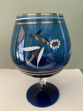 1960’s Vintage Bohemian Brandy Snifter Balloon Hand Painted Blue Art Glass Vase