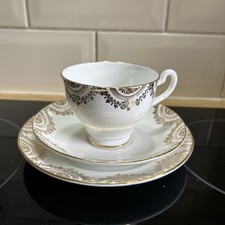 Vintage Clare Bone China Tea Cup, saucer & side plate Trio white & gold pattern 