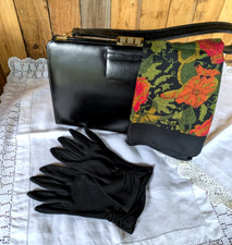 VTG BLACK LEATHER KELLY BAG SUADE INTERIOR & SCARF AND GLOVES MID CEN MOD (R12)