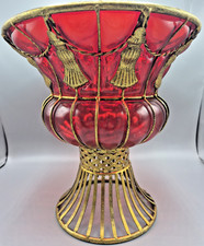 Large Vintage Red Coated Glass Centrepiece Vase Bowl Compote In Gold Metal Stand