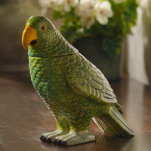 Green ceramic parrot container - ceramic,