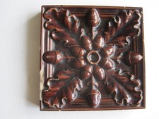 ANTIQUE 6" SQ. VICTORIAN MAW & CO RELIEF MOULDED MAJOLICA TILE - ACORNS - C1890