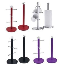 KITCHEN TOWEL PAPER ROLL HOLDER STAND POLE 6 CUP MUG TREE STAINLESS STEEL SET 