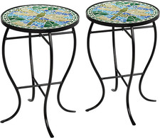 14" Dragonfly Mosaic Side Tables 2-Piece Set Black Metal Outdoor Patio Garden 