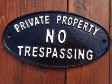 LARGE oval PRIVATE PROPERTY - NO TRESPASSING  Cast Iron Sign Raised Ltrs