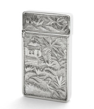 Antique Chinese Cast 3D Silver Pictorial Card Case with Crane, River & Cartouche
