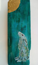 Original Moon Gazing Hare Painting On Recycled Oak Floor Panel