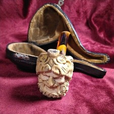 Meerschaum Pipe With Case Bacchus God of Wine Block Amber Colour Pipe 13x 6.5cms