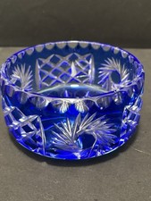 Boho Czech Cobalt Blue Crystal Cut Glass Bowl Vintage Mid Century
