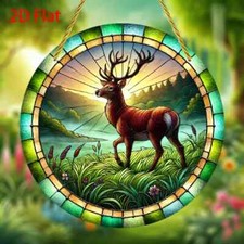 Deer Stag Meadow Sunshine Valley Cute Suncatcher Stained Glass Effect Decor