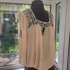 MONSOON mirrored Boho Indian cotton Embroidered Tunic Kaftan Top 10-12 cream