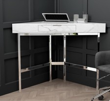 White Marble Corner Office Desk With Chrome Legs & Drawer