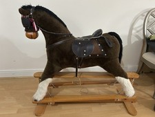 Mamas and Papas Large Rocking Horse. Dark Brown Plush, Leather Saddle & Stirrups