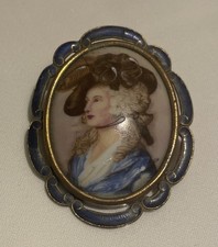 Vintage TLM Handpainted Brooch/Pendant in Enamel & Metal Lady 50mm x 40mm