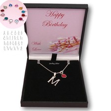 925 Silver Letter, Initial Necklace & Birthstone. Birthday Gift  for Girl, Woman