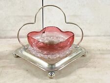 VINTAGE ANTIQUE CRANBERRY SILVER PLATE GLASS PRESERVE DISH ON METAL STAND